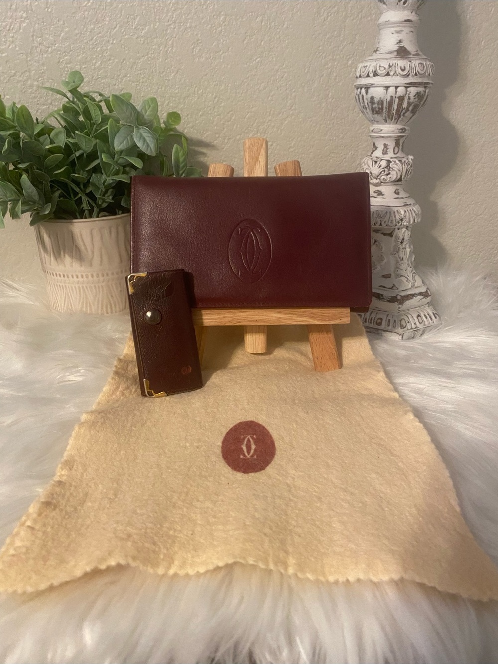 CARTIER BUNDLE Burgundy Leather Wallet with Matching Key Holder and Wrap Cloth